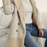Romildi Fuzzy Trim Double Breasted Coat, Elegant Long Sleeve Warm Outerwear, Women's Clothing