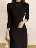 Romildi Mock Neck Ribbed Dress, Casual Solid Long Sleeve Midi Dress, Women's Clothing