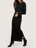 Romildi Elegant Solid Two-piece Skirt Set, Crew Neck Long Sleeve Top & High Waist Slit Skirts Outfits, Women's Clothing