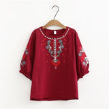 RomiLdi Embroidery Floral Blouse for Women Crew Neck Mid Sleeve Cotton Linen Blouse
