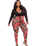 Romildi Romildi Plus Size Deep V Neck Knot Front Crop Top & Floral Print Leggings Set, Women's Plus Slight Stretch Casual 2pcs Set Outfits