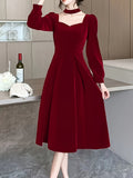 Romildi Tucked Solid Midi Dress, Elegant Long Sleeve Party Dress, Women's Clothing