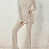 Romildi Ribbed Solid Two-piece Set, Split Crew Neck Long Sleeve Tops & Flared Leg Pants Outfits, Women's Clothing
