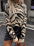 Romildi Zebra Pattern Mock Neck Pullover Sweater, Casual Long Sleeve Sweater For Fall & Winter, Women's Clothing