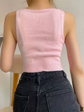 Romildi Mushroom Pattern Crop Knitted Top, Cute Sleeveless Tank Top For Summer, Women's Clothing