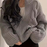 Romildi Solid Zip Up Chunky Knit Cardigan, Vintage Long Sleeve Loose Sweater, Women's Clothing