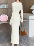Romildi Ribbed Slim Solid Dress, Elegant Long Sleeve Dress For Spring & Fall, Women's Clothing