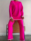 Romildi Casual Contrast Trim Two-piece Set, Long Sleeve Crew Neck Top & Wide Leg Pants Outfits, Women's Clothing