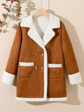 Romildi Girls Lapel Fleece Spliced Vintage Button Pea Coat For Winter Outerwear