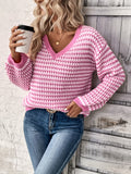 Romildi Striped V Neck Pullover Sweater, Casual Long Sleeve Drop Shoulder Sweater, Women's Clothing