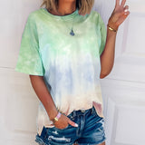 Romildi Tie Dye Color Block T-Shirt, Crew Neck Short Sleeve T-Shirt, Casual Every Day Tops, Women's Clothing