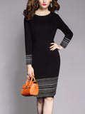 Romildi Tribal Striped Print Dress, Elegant Slim Crew Neck Long Sleeve Bag Hip Dress, Women's Clothing