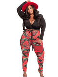 Romildi Romildi Plus Size Deep V Neck Knot Front Crop Top & Floral Print Leggings Set, Women's Plus Slight Stretch Casual 2pcs Set Outfits