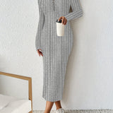 Romildi Half Zip Ribbed Dress, Casual Solid Long Sleeve Every Day Dress, Women's Clothing