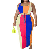 Romildi Romildi Plus Size Colorblock Ribbed Drawstring Tank Top & Slim Fit Skirt Sets, Women's Plus Medium Stretch 2pcs Sets