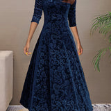 Romildi Solid Color Long Sleeve Dress, Elegant V Neck Flared Dress For Spring & Fall, Women's Clothing