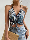 romildi Floral Pattern Backless Halter Top, Vacation Tassel Strap Knotted Top, Women's Clothing