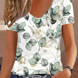 Romildi Floral Print V Neck T-shirt, Elegant Short Sleeve T-shirt For Summer, Women's Clothing