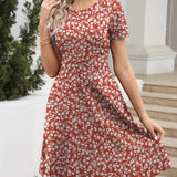 Romildi Floral Print Crew Neck Dress, Vintage Short Sleeve Dress For Spring & Summer, Women's Clothing