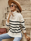 Romildi Striped Turtle Neck Pullover Sweater, Casual Long Sleeve Split Sweater, Women's Clothing