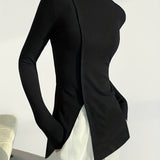 Romildi Solid Split Hem Mock Neck Top, Elegant Long Sleeve T-Shirt For Spring & Fall, Women's Clothing