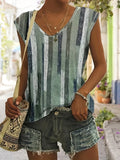 Romildi Plus Size Casual T-shirt, Women's Plus Stripe Print Cap Sleeve V Neck Medium Stretch T-shirt