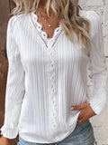 Romildi Contrast Lace Solid Blouse, Elegant V Neck Long Sleeve Blouse, Women's Clothing