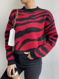 Romildi Color Block Round Neck Long Sleeve Sweater, Vintage Jacquard Striped Comfy Autumn Sweater, Women's Clothing