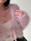 Romildi Solid Tied Front Fluffy Crop Cardigan, Elegant Long Sleeve Chic Sweater, Women's Clothing