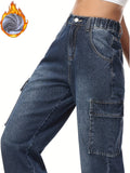 Romildi Plush Lined Washed Straight Jeans, Flap Pockets Loose Fit Elastic Waist Cargo Pants, Women's Denim Jeans & Clothing