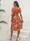 Romildi Floral Print Surplice Neck Dress, Boho Short Sleeve Shirred Waist Dress, Women's Clothing