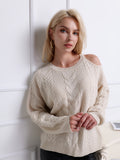 Romildi Solid Side Cold Shoulder Sweater, Casual Cable Knit Pullover Knitted Top For Fall & Winter, Women's Clothing