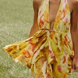 Tie Dye Deep V-neck Dress, Vacation Style Ruffle Hem Dress For Spring & Summer, Women's Clothing