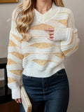 Romildi Striped V Neck Pullover Sweater, Casual Long Sleeve Loose Sweater, Women's Clothing