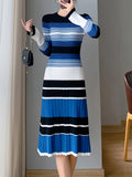 Romildi Striped Print Long Sleeve Knit Dress, Elegant Crew Neck A-line Dress, Women's Clothing