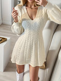 Romildi Solid Cable Knit Sweater Dress, Elegant V Neck Long Sleeve Dress, Women's Clothing