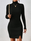 Romildi Split Turtleneck Bodycon Dress, Elegant Solid Long Sleeve Dress, Women's Clothing