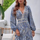 Paisley Print V Neck Dress, Vintage Long Sleeve Dress For Spring & Fall, Women's Clothing