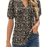 Romildi Romildi Ditsy Floral Print Blouse, Casual V Neck Short Sleeve Ruched Blouse, Women's Clothing
