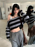 Romildi Striped Off Shoulder Knitted Top, Casual Long Sleeve Crop Sweater For Spring & Fall, Women's Clothing