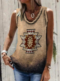 Romildi Feather Print Tank Top, Vintage Scoop Neck Sleeveless Summer Ethnic Tank Top, Women's Clothing