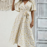 Romildi Flutter Sleeve V Neck Belted Dress, Floral Print Short Sleeve Vacation Casual Dress For Summer & Spring, Women's Clothing