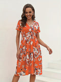 Romildi Floral Print Surplice Neck Dress, Boho Short Sleeve Shirred Waist Dress, Women's Clothing