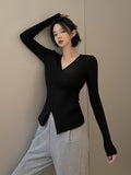 Romildi Solid Cross Front Knitted Top, Casual Long Sleeve V Neck Slim Sweater, Women's Clothing