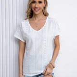 Romildi V Neck Eyelet T-Shirt, Solid Short Sleeve Casual Top For Summer & Spring, Women's Clothing