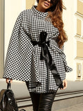 RomildiHoundstooth Print Cape Top, Casual Tie Front Loose Outerwear, Women's Clothing