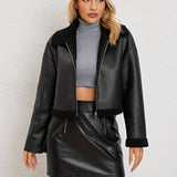 Romildi Solid Faux Fur Decor Jacket, Versatile Zipper Drop Shoulder Jacket, Women's Clothing