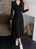 Romildi Ribbed Solid Sweater Dress, Casual V Neck Long Sleeve Midi Dress, Women's Clothing