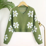 Romildi Floral Jacquard Girls Drop Shoulder V-neck Knitted Sweater For Fall Winter