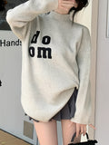 Romildi Letter Pattern Mock Neck Pullover Sweater, Versatile Long Sleeve Loose Sweater For Fall & Winter, Women's Clothing